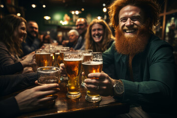 Cheerful friends with glasses of fresh beer by a wooden table in traditional Dublin pub. Drinking alcoholic beverage. Saint Patrick's Day celebration.