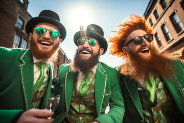 Fototapeta premium Beautiful young cheerful friends wearing green clothes and accessories participating in traditional Saint Patrick's Day parade in Irish town.