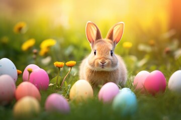 Cute Easter rabbit with decorated eggs and spring flowers on green spring landscape. Little bunny in the meadow. Happy Easter greeting card, banner, border