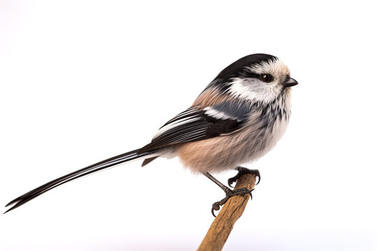 close up image of a long tailed tit Aegithalos caudatus cut out and isolated on a white background