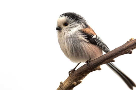 close up image of a long tailed tit Aegithalos caudatus cut out and isolated on a white background