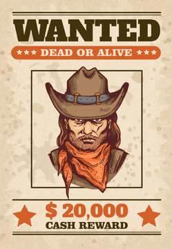 Wanted poster with cowboy portrait and text on textured background.