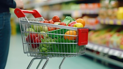 metal Cart with wheels with groceries and shopping at the supermarket. Shopping day. Grocery shopping