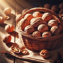 hazelnuts in a basket on a wooden table background  sunshine