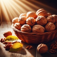 hazelnuts in a basket on a wooden table background  sunshine