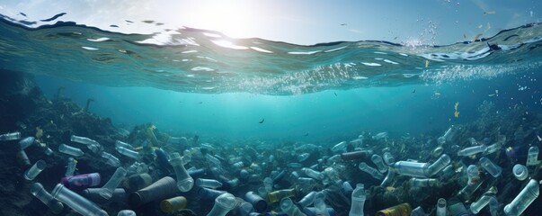 Fototapeta na wymiar Plastic bottles and microplastics floating in the open ocean. Sea garbage in polluted water. Ecological catastrophe, environmental problem. Stop plastic pollution concept