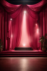 Stage with hot pink curtains and spotlights. Stage background. 3d render