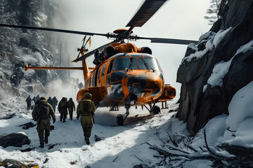 people climb snowy mountain road near rescue helicopter,
