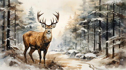 Watercolour illustration of deer in winter wood - obrazy, fototapety, plakaty
