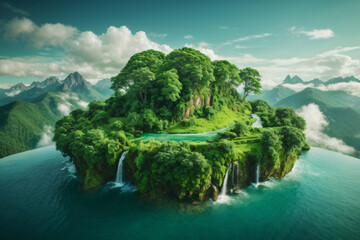 Flying green forest land with trees, green grass, mountains, blue water and waterfalls isolated with clouds. Floating island with greenery and beautiful landscape scenery Generative AI