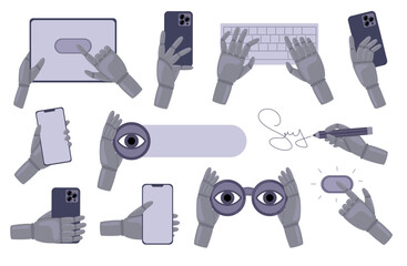 Set Robot hands holding stuff, search binoculars, smartphone, tablet, stylus, type on the keyboard, press the button, puts electronic signature. Vector illustration in doodle style