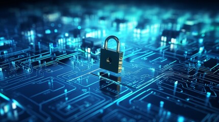 Data Security Illustrate a lock and key within a digital environment to convey the importance of data security in Fintech.