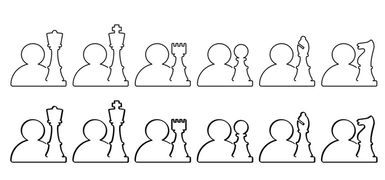 Profile, strategist man-with chess-figure. Chess pieces tower horse bishop, king queen Chess Board Setup Vector icon or symbol pieces Forchecker board. Square checker. Timework, business concept