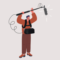 Full length shot of sound engineer holding a microphone on stage isolated on white background