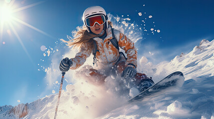 woman skier in a white jacket is skiing in the bright sun
