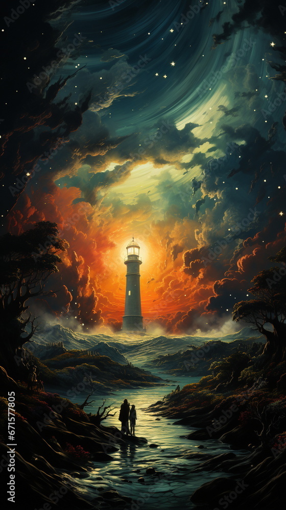 Wall mural lighthouse at night