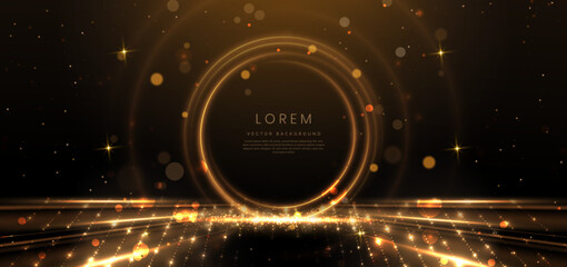 Elegant golden circle glowing with lighting effect sparkle on black background. Template premium award design. © Pramote