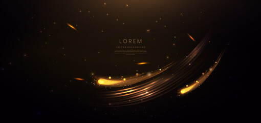 Abstract glowing gold curved dot on dark brown background with lighting effect and sparkle with copy space for text.