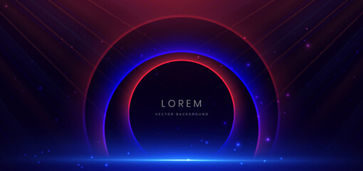 Abstract circle glowing blue and red light ray with lighting effect on dark blue background.