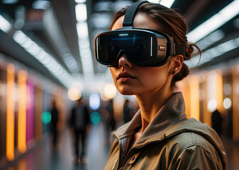 Fototapeta na wymiar Woman wearing a VR headset, neon lights, virtual reality 3d, modern futuristic technology
