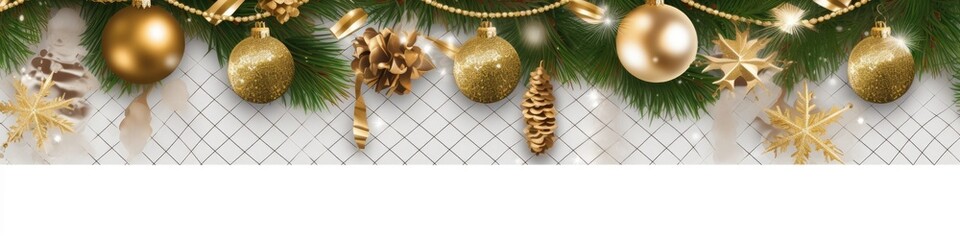 Christmas golden decoration and Christmas tree branches on a checkered background