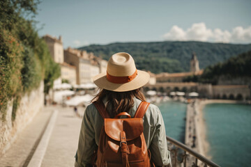 Obraz premium Back view of Tourist woman with hat and backpack at vacation in France, Wanderlust concept Generative Ai