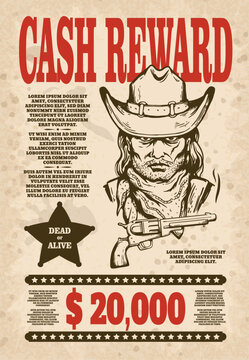 Wanted poster, vintage western banner, cash reward, grunge old vector