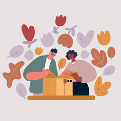 Excited old couple spouses buyer unpack open box shopping online from home together. Happy mature Caucasian man and woman unbox package with internet order. Good delivery service concept.