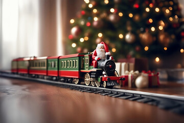 toy vintage steam locomotive on the floor under a decorated Christmas tree against the backdrop of a garland of bokeh lights. - obrazy, fototapety, plakaty
