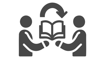 An icon depicting two stylized figures sharing a book, with an arrow symbolizing the exchange of knowledge between them - obrazy, fototapety, plakaty