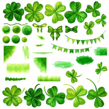 Watercolor green clover leaves, stains, bows, circles, flags, ribbons for spring, Easter, St Patrick, summer greenery
