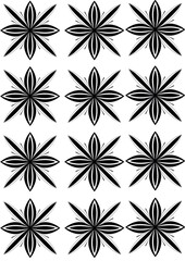Many black and white snowflakes with thin black outlines with four long and four shorter rays are...