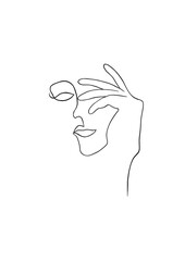 The outline of a woman’s face and hands with outstretched even fingers in front of her face are drawn with one continuous thin black line on a white background in the center of the picture, close-up.