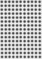 Many small black and white snowflakes with thin black outlines with four long and four shorter rays are arranged in even rows and columns on a white background throughout the picture, close-up.