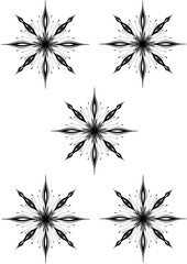 Five black and white snowflakes with thin black outlines with four long and four shorter rays on a...