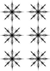 Six black and white snowflakes with thin black outlines with four long and four shorter rays...