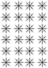 Many small black and white snowflakes with thin black outlines with four long and four shorter rays arranged in even rows and columns on a white background, close-up. Graphic illustration.