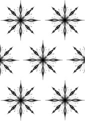Seven black and white snowflakes with thin black outlines with four long and four shorter rays on a...
