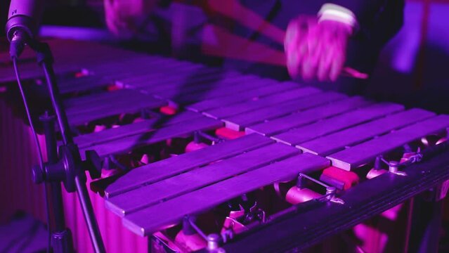 Xylophone concert view of vibraphone marimba player, percussionist holding mallets drum sticks, with a latin orchestra musical band performing in the background