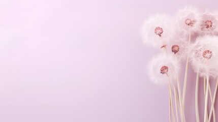 Dandelion fluff background for aesthetic minimalism style background. Blush pink color wallpaper with elegant and light flying fluffs on empty wall. Fragile, lightweight and beautiful nature backdrop.
