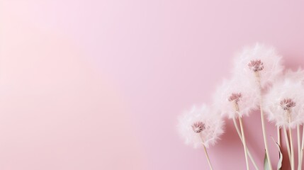 Dandelion fluff background for aesthetic minimalism style background. Blush pink color wallpaper with elegant and light flying fluffs on empty wall. Fragile, lightweight and beautiful nature backdrop.