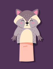 Finger puppet concept. Fluffy raccoon for entertainment and fun. Toy for theatrical performance. Forest dweller. Poster or banner. Cartoon flat vector illustration isolated on violet background