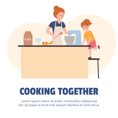 Family cooking together bonding activity banner, vector illustration isolated.