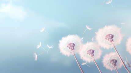 Obraz premium Dandelion fluff background for aesthetic minimalism style background. Light blue color wallpaper with elegant and light flying fluffs on empty wall. Fragile, lightweight and beautiful nature backdrop.