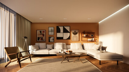 Modern cozy and warm living room interior with natural daylight. 3D Rendering 
