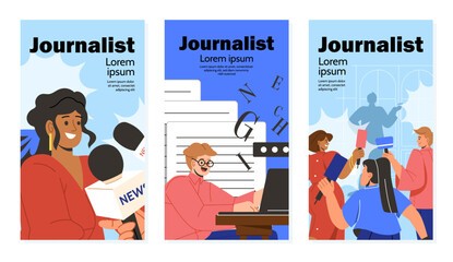 Journalist posters set. Man and woman write articles, create interesting conent. News and mass media staff and workers. Cartoon flat vector collecton isolated on white background