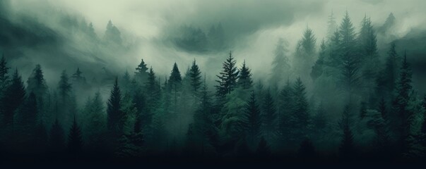 Panoramic view of misty foggy mountain landscape with fir forest, morning fog. Evanescent atmosphere in the woods wrapped in mist. Vintage retro hipster style