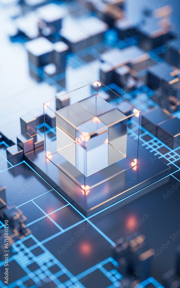 Poster technology circuit board and core, 3d rendering.