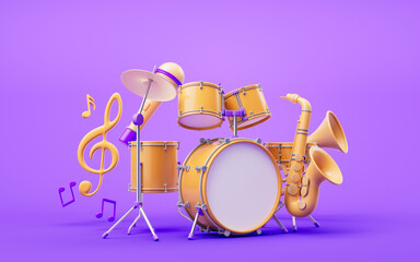 3D cartoon style drum set, 3d rendering.