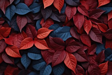 Background with colorful autumn plant leaves. Pattern with fresh tropical red and blue leaves. Trendy nature decor design. Flat lay, top view with copy cpase - obrazy, fototapety, plakaty